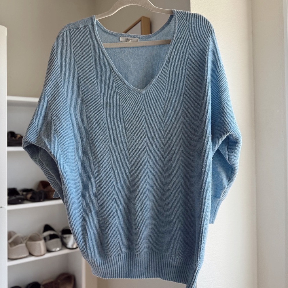 Peyton Primrose Light Blue V-Neck 3/4 Sleeve Relaxed Fit Sweater Plus Size 1X